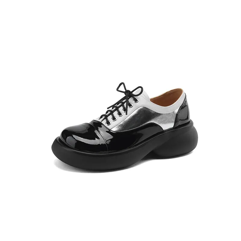 Handmade Cow Leather Color Blocking Mid Heel Loafers For Women in Golden/Silver