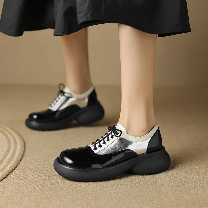 Handmade Cow Leather Color Blocking Mid Heel Loafers For Women in Golden/Silver
