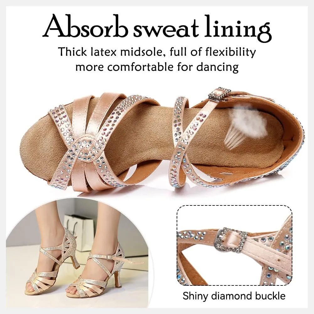HIPPOSEUS Women's Latin Dance Shoes Shiny Rhinestones Ballroom Salsa Dance Heels