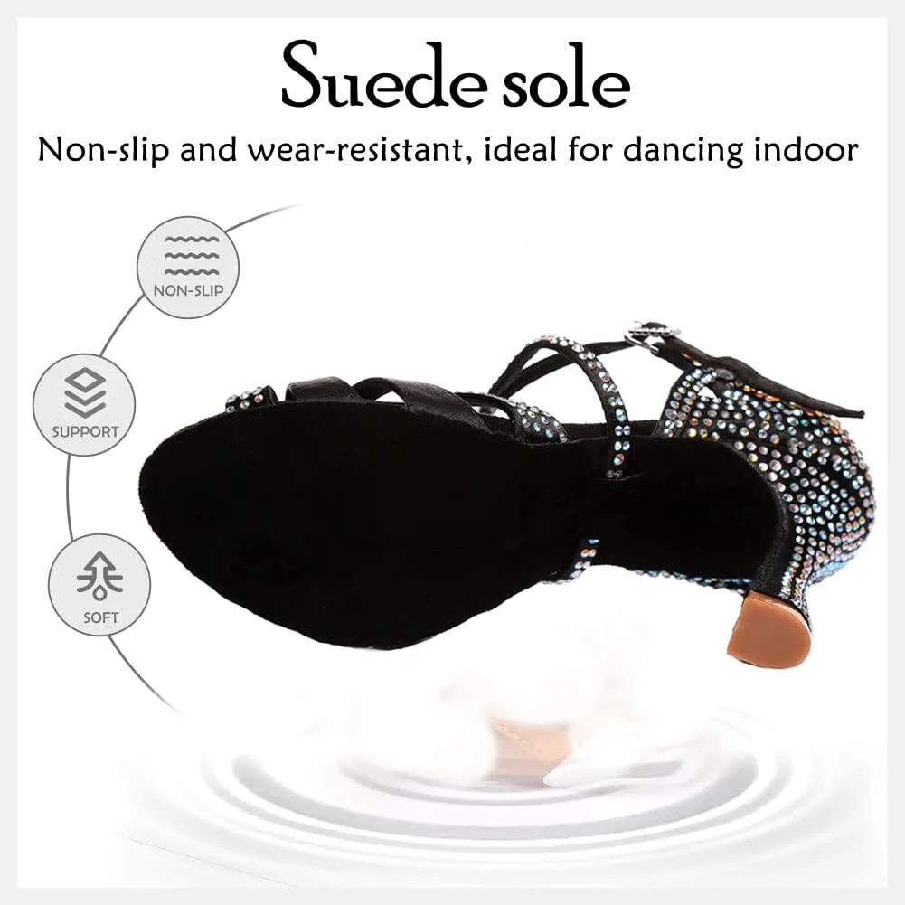 HIPPOSEUS Women's Latin Dance Shoes Shiny Rhinestones Ballroom Salsa Dance Heels