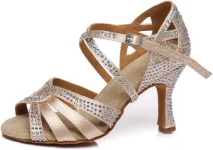 HIPPOSEUS Women's Latin Dance Shoes Shiny Rhinestones Ballroom Salsa Dance Heels