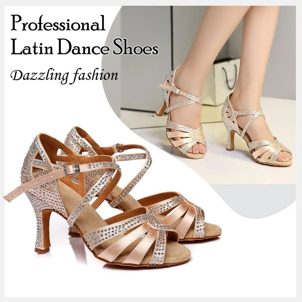 HIPPOSEUS Women's Latin Dance Shoes Shiny Rhinestones Ballroom Salsa Dance Heels