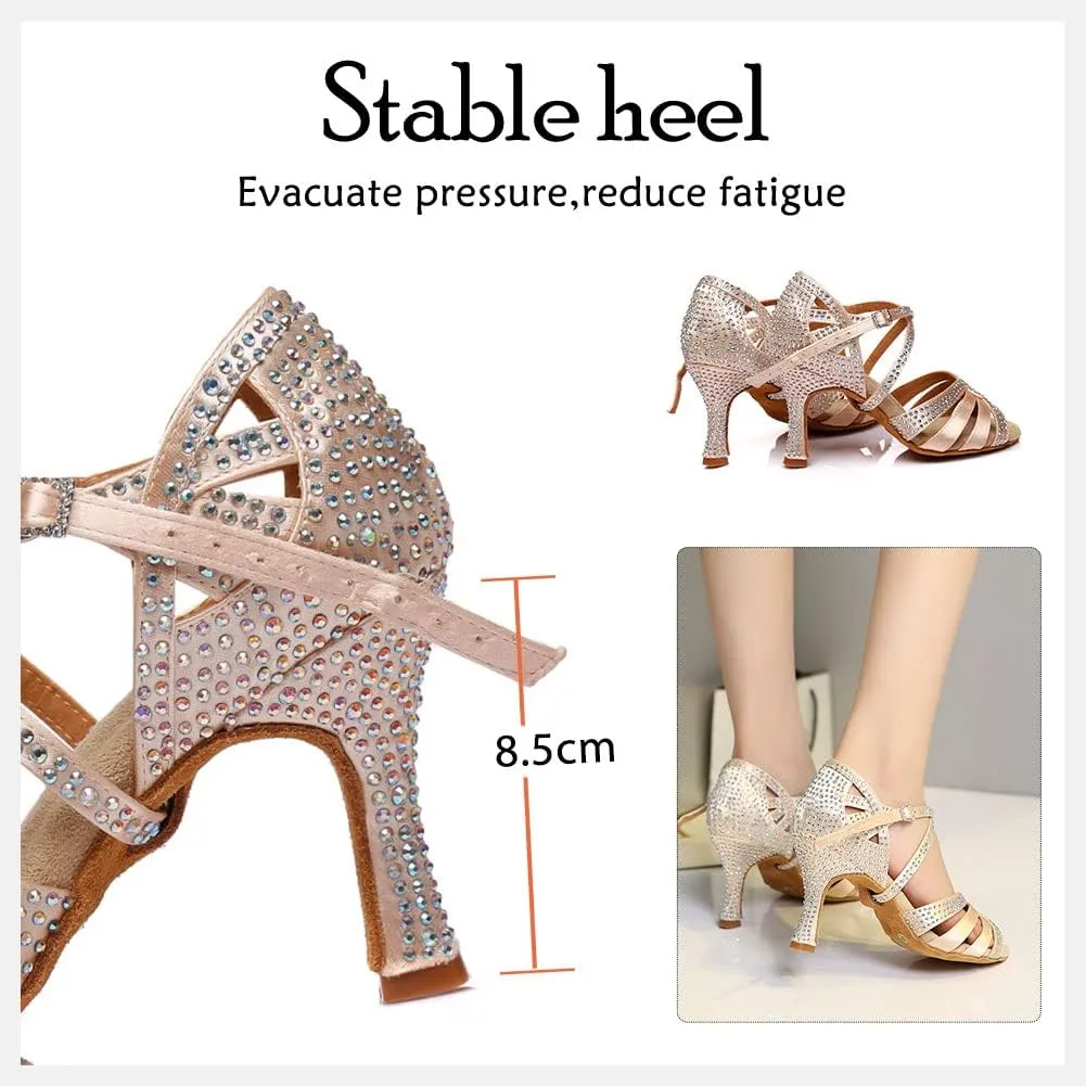 HIPPOSEUS Women's Latin Dance Shoes Shiny Rhinestones Ballroom Salsa Dance Heels