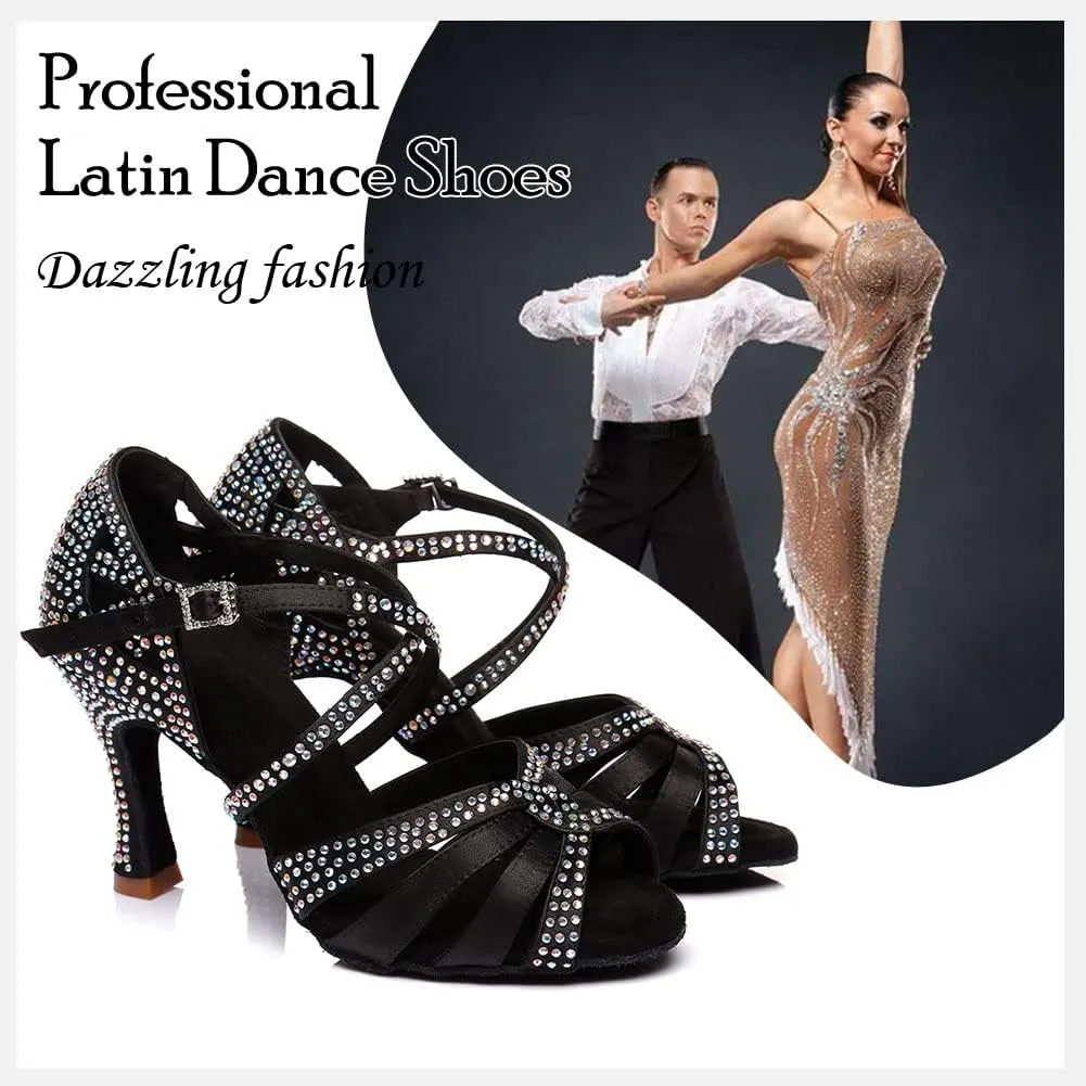 HIPPOSEUS Women's Latin Dance Shoes Shiny Rhinestones Ballroom Salsa Dance Heels