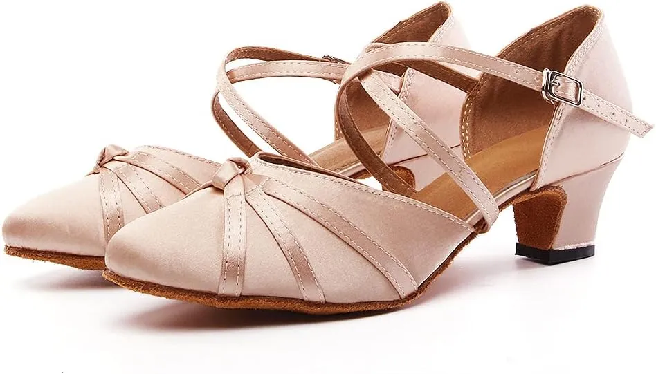 HIPPOSEUS Women's Satin Ballroom Dance Shoes Low Heel Closed Toe Latin Salsa Tango Dancing Shoes for Wedding Party,Model YC117