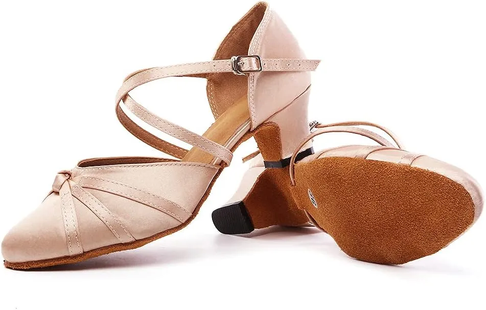 HIPPOSEUS Women's Satin Ballroom Dance Shoes Low Heel Closed Toe Latin Salsa Tango Dancing Shoes for Wedding Party,Model YC117