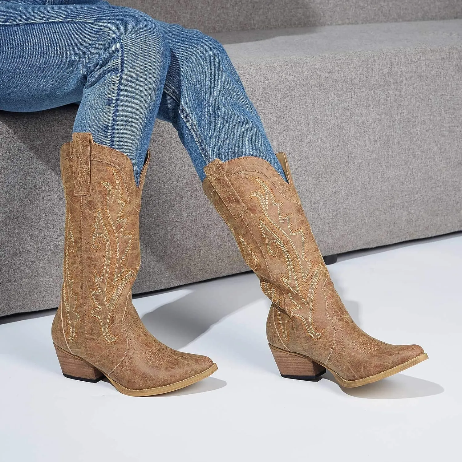 HISEA Rollda Cowboy Boots for Women Cowgirl Boots Ladies Western Embroidery Pointy Toe