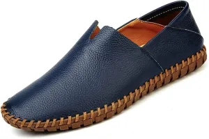 HOOENG Driving Moccasins Smoking Loafer for Men Genuine Leather Round Toe Rubber Sole Stitching Details Resistant Lightweight Anti-Slip Flexible Outdoor (Color : Blue, Size : 8)