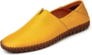 HOOENG Driving Moccasins Smoking Loafer for Men Genuine Leather Round Toe Rubber Sole Stitching Details Resistant Lightweight Anti-Slip Flexible Outdoor (Color : Yellow, Size : 10)