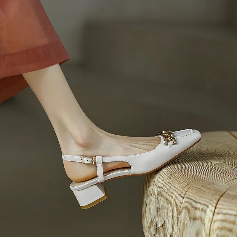 Iyana Closed Toe White Slingback Heels with Gold Chain