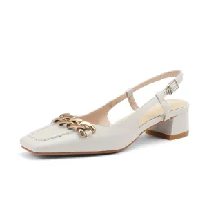 Iyana Closed Toe White Slingback Heels with Gold Chain