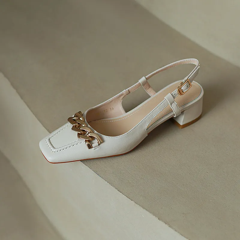 Iyana Closed Toe White Slingback Heels with Gold Chain