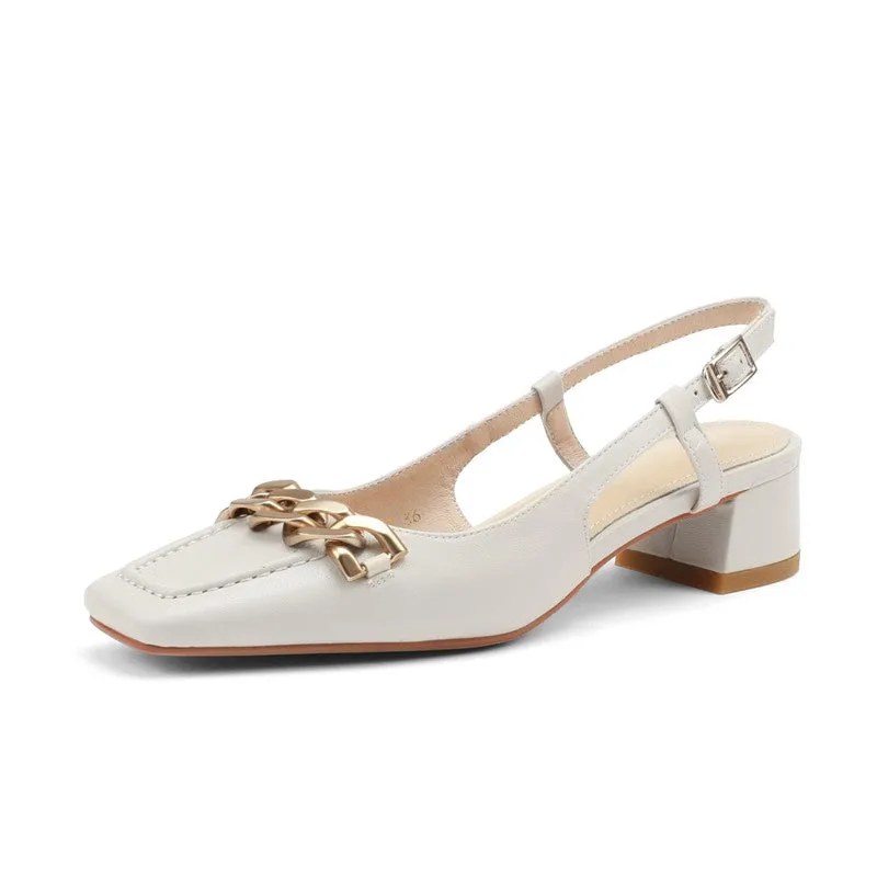 Iyana Closed Toe White Slingback Heels with Gold Chain