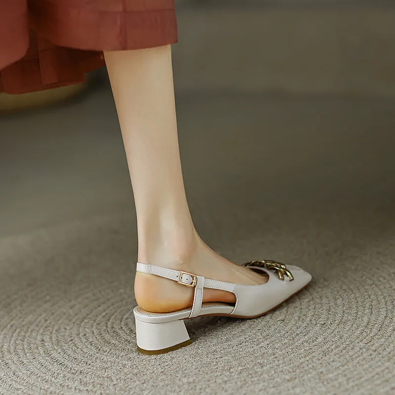 Iyana Closed Toe White Slingback Heels with Gold Chain