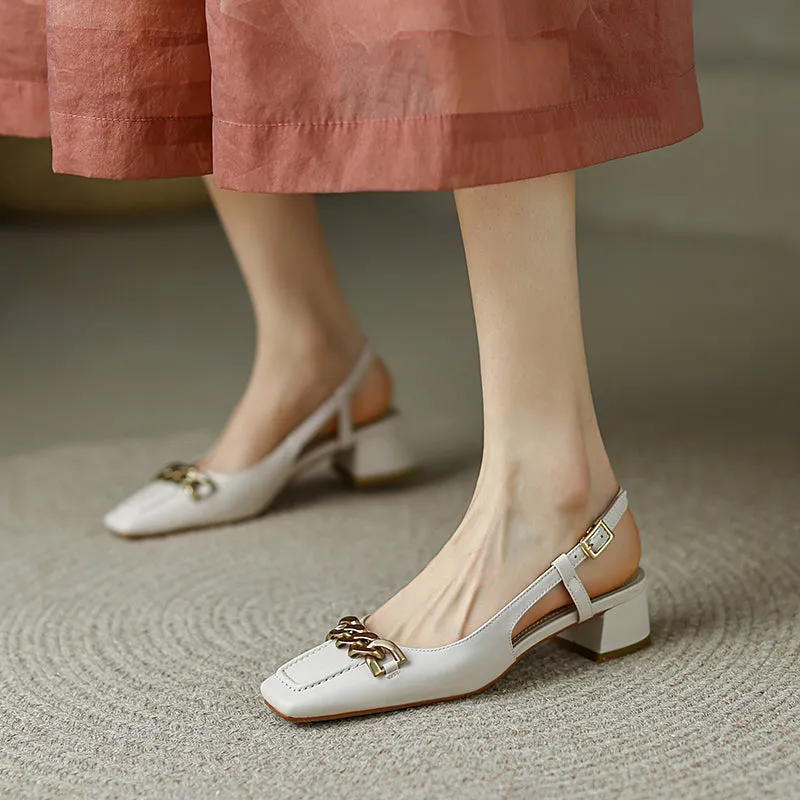 Iyana Closed Toe White Slingback Heels with Gold Chain