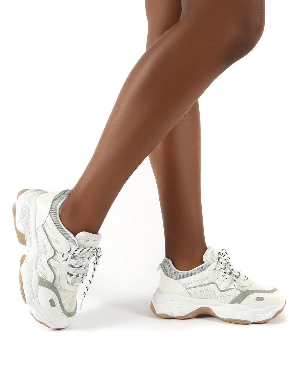 Match White Pu Grey Details Chunky Sole Trainers