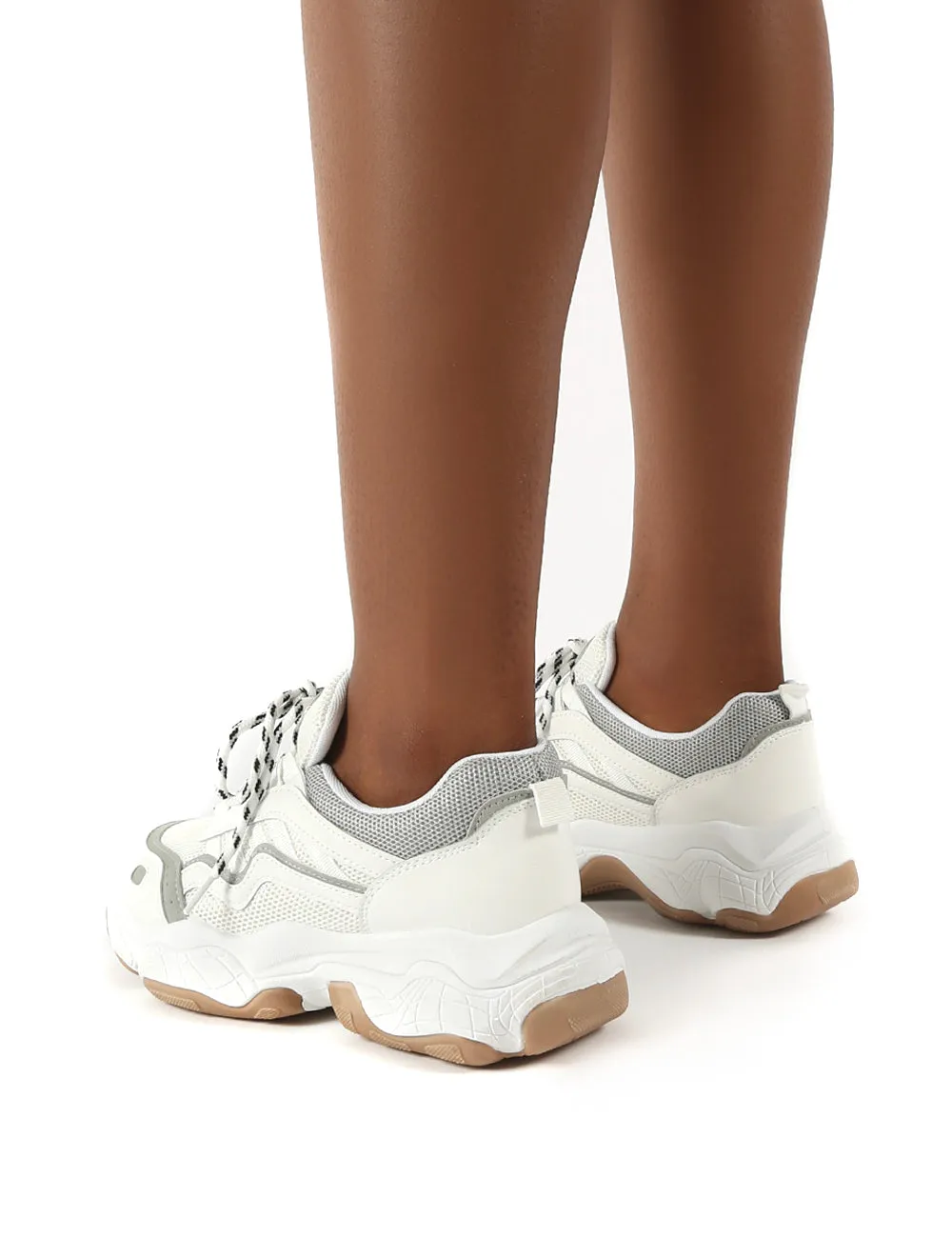 Match White Pu Grey Details Chunky Sole Trainers