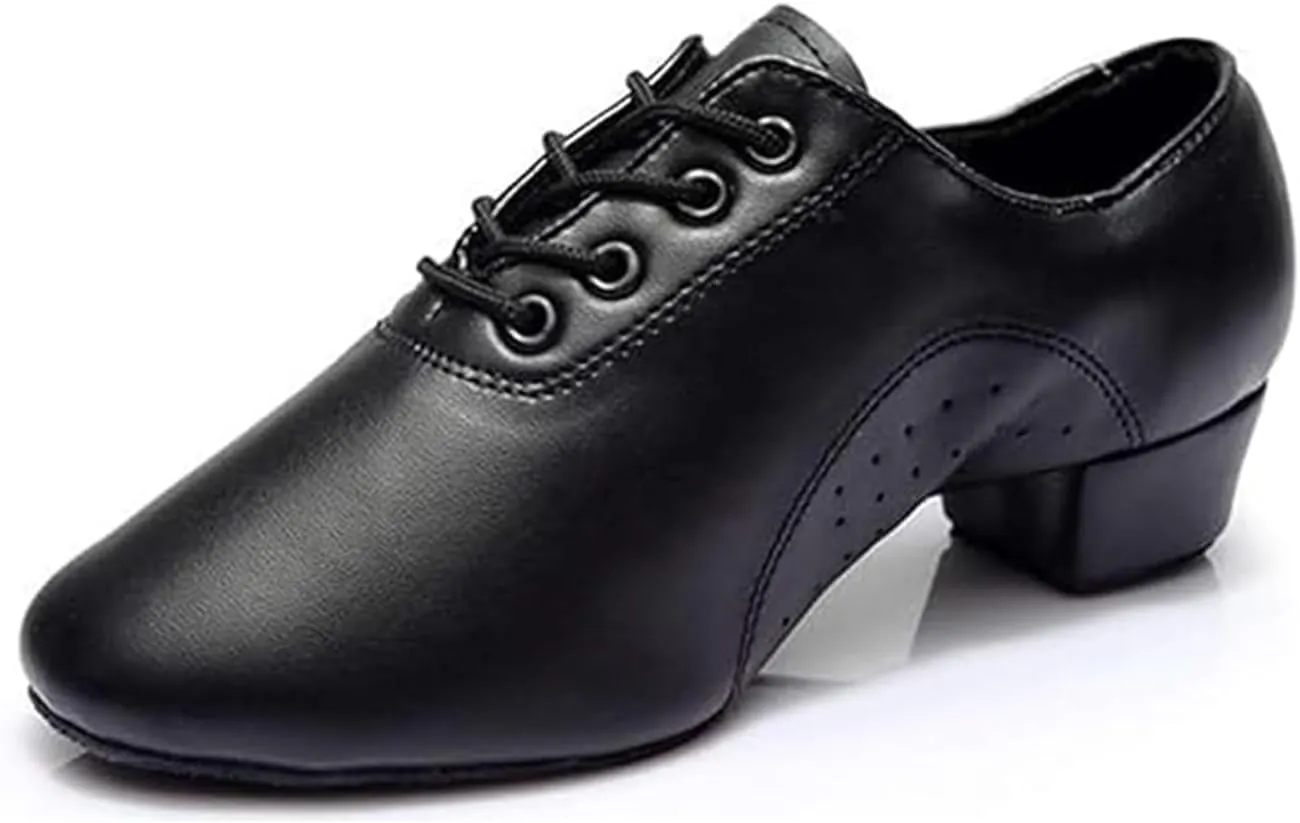 Mens Ballroom Latin Dance Shoes Indoor 1.38 Heel Leather Sole Lace Up Black Salsa Tango Jazz Character Shoes