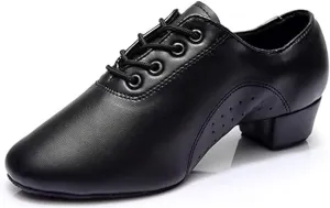 Mens Ballroom Latin Dance Shoes Indoor 1.38 Heel Leather Sole Lace Up Black Salsa Tango Jazz Character Shoes