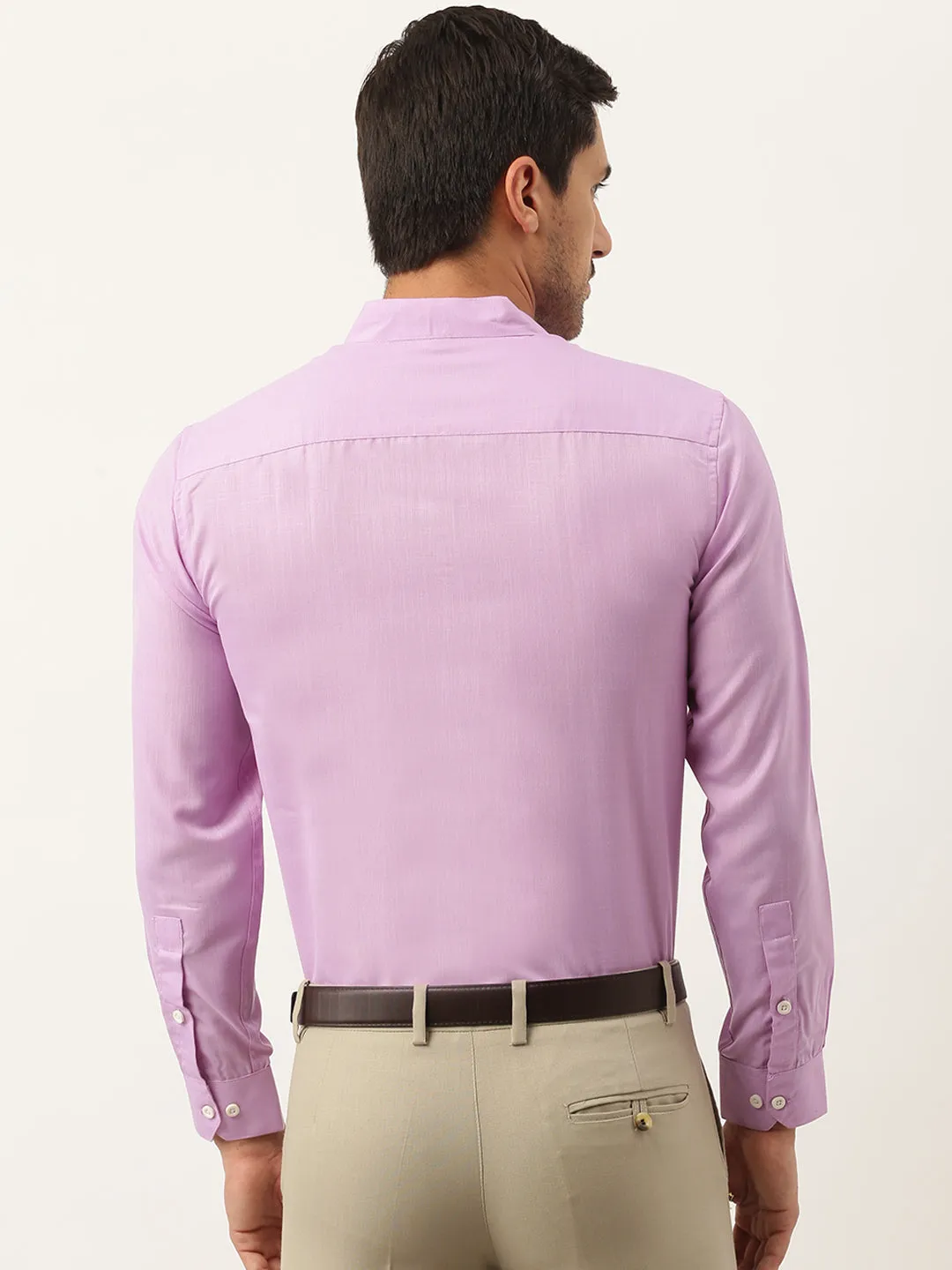 Mens Cotton Linen Purple Chinese Collar Shirt - Sojanya