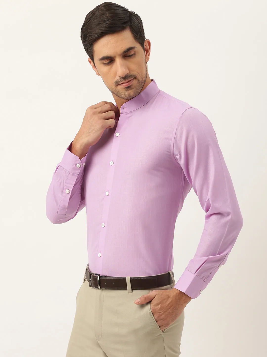 Mens Cotton Linen Purple Chinese Collar Shirt - Sojanya