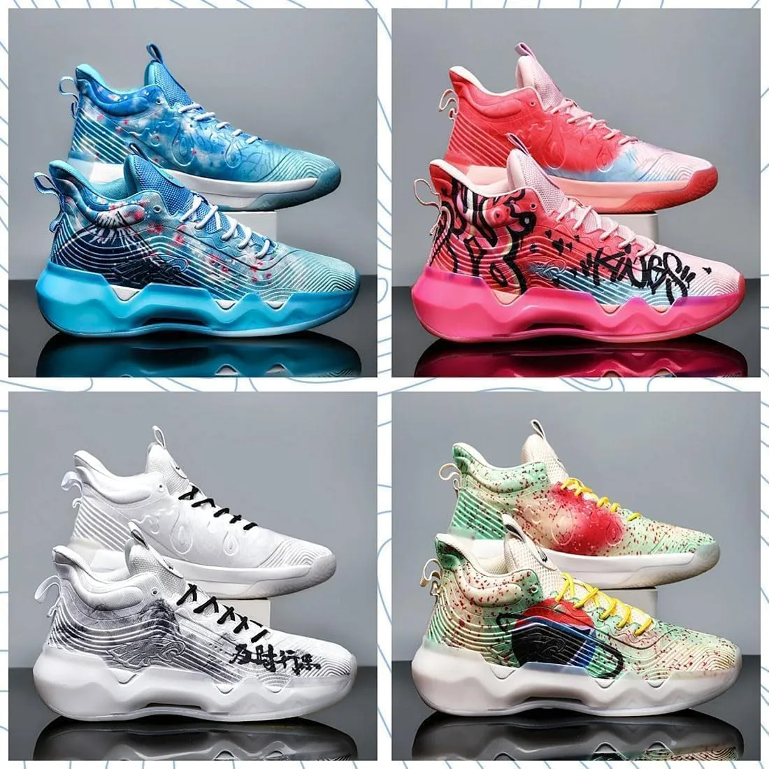 Men's High-Top Basketball Shoes, Neutral Fluorescent Basketball Shoes, Pink Basketball Shoes, Graffiti Style