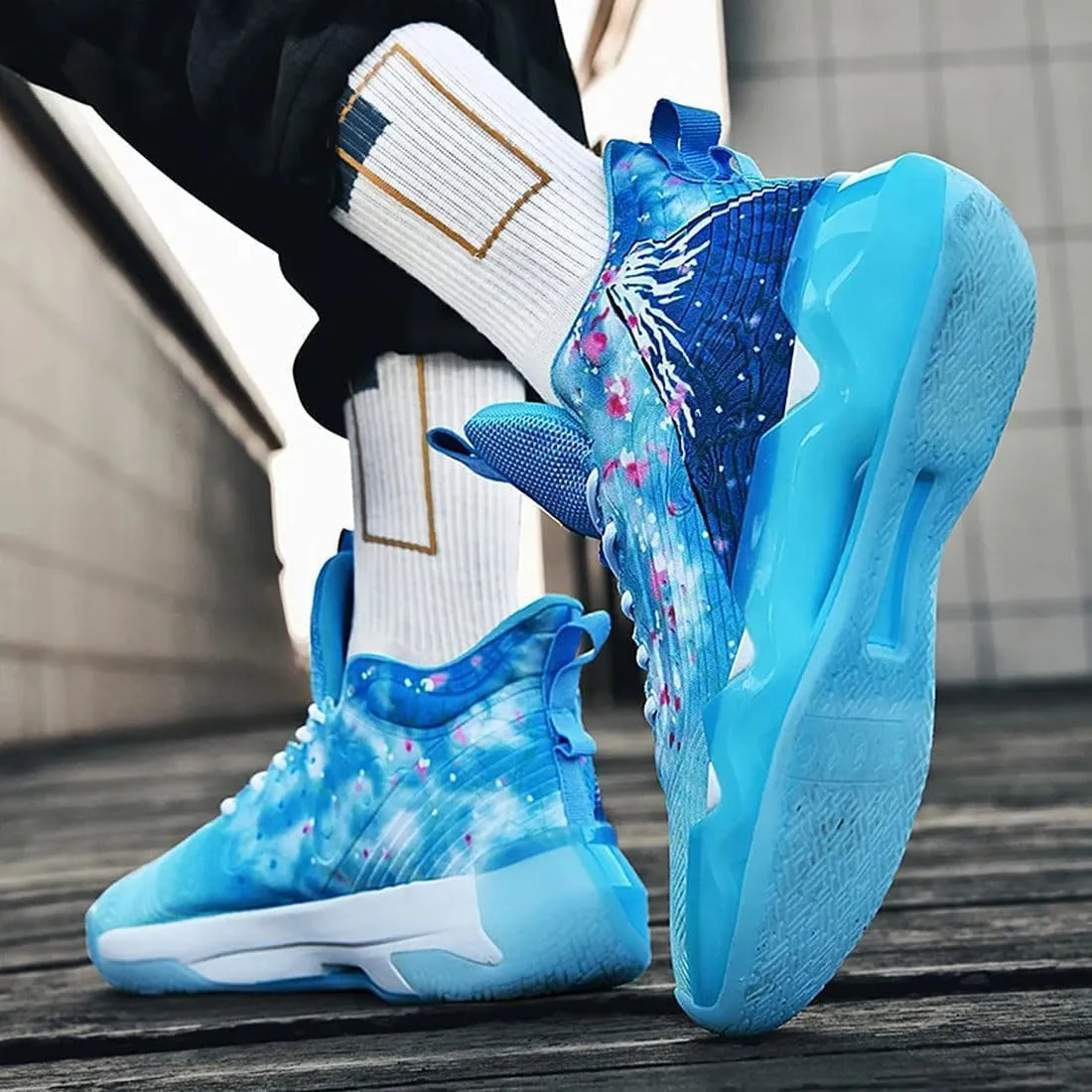 Men's High-Top Basketball Shoes, Neutral Fluorescent Basketball Shoes, Pink Basketball Shoes, Graffiti Style