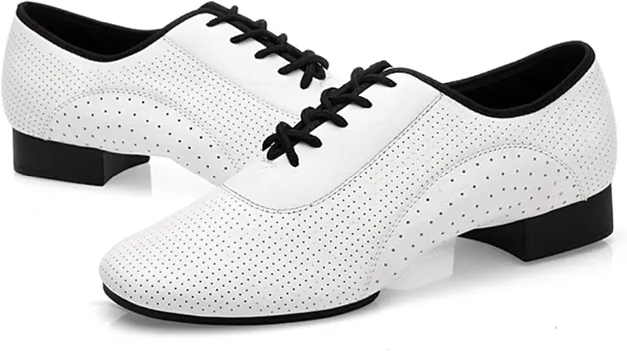 Men's Latin Dance Shoes Men Salsa Tango Modern Leather Square Heels Adults Party Latin Dance White Low Heel Ballroom Dancing Shoe