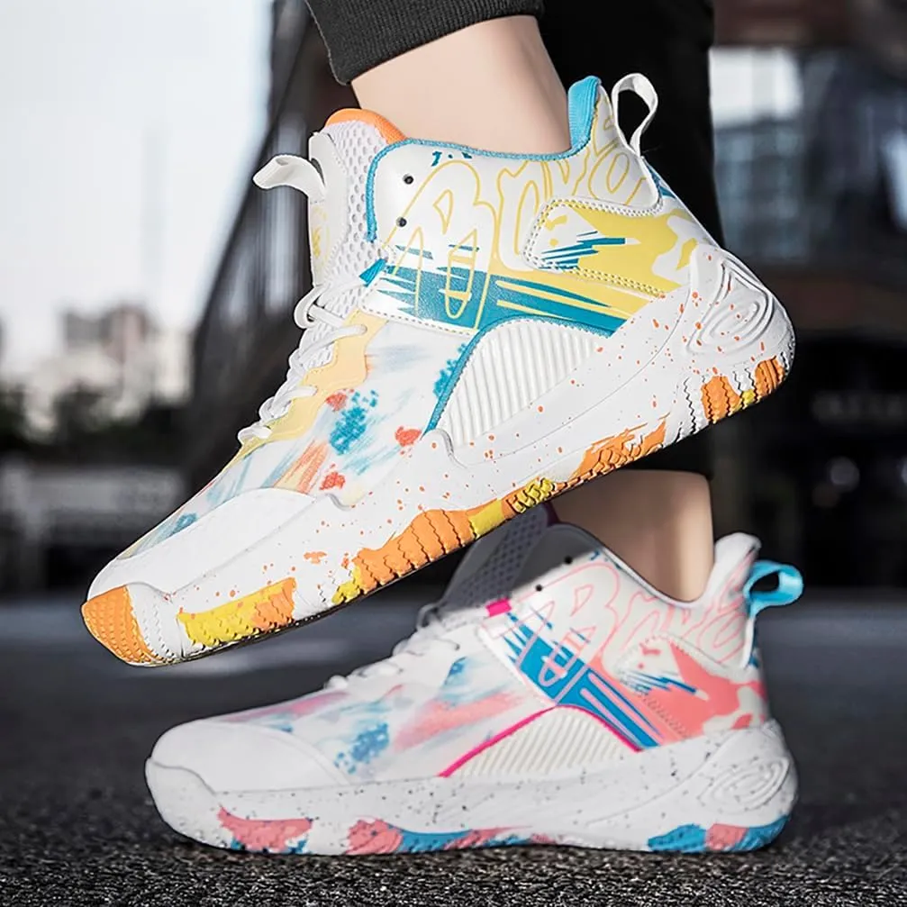 Men's Women's Basketball Shoes High Top Ultra-Light Fashion Anti Slip Breathable Sneakers(Pink Orange,9)
