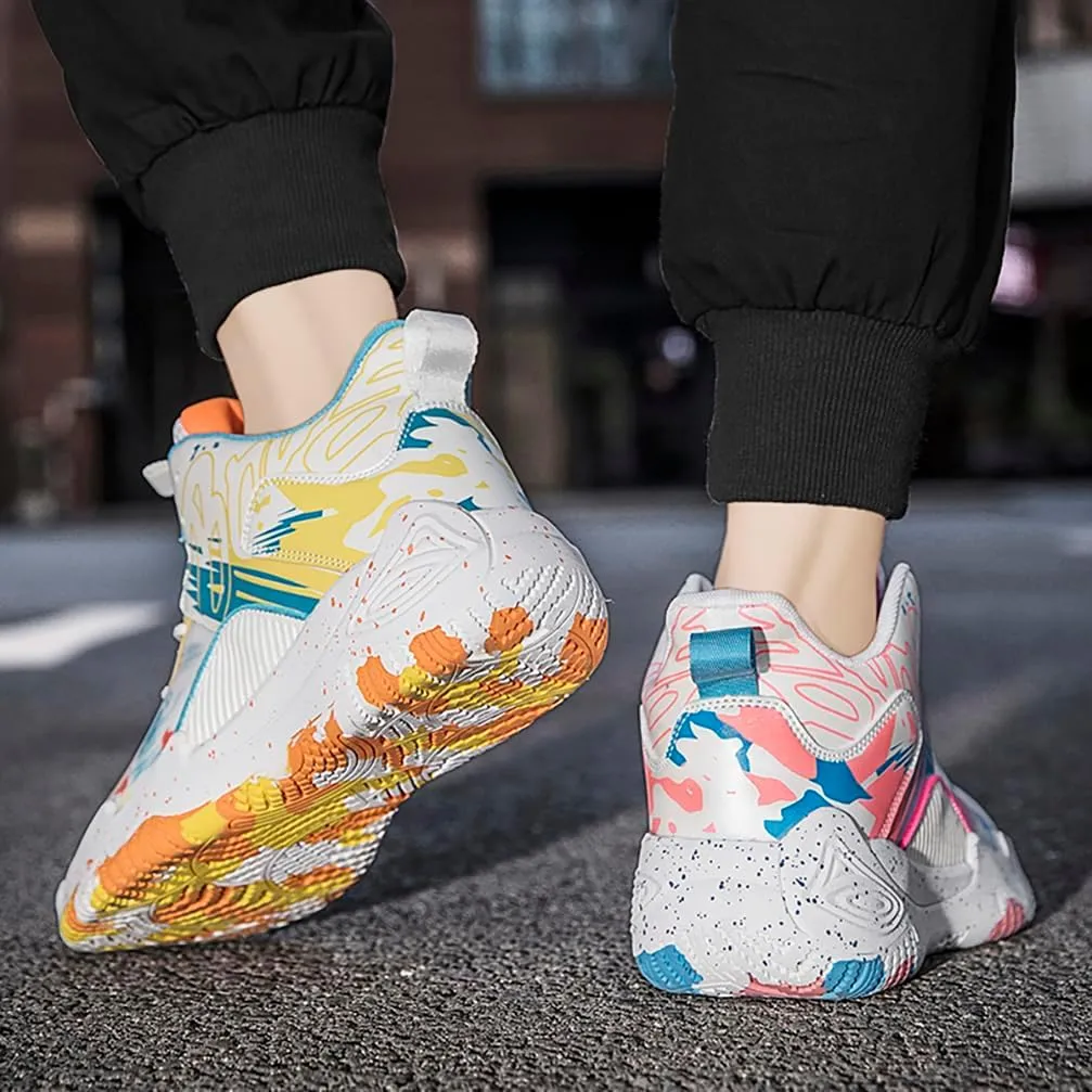 Men's Women's Basketball Shoes High Top Ultra-Light Fashion Anti Slip Breathable Sneakers(Pink Orange,9)