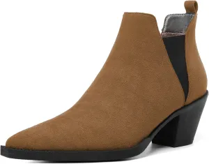Mettesally Womens Chelsea Ankle Boots Pointed Toe Mid Chunky Heels Slip On Work Cutout Short Booties Shoes