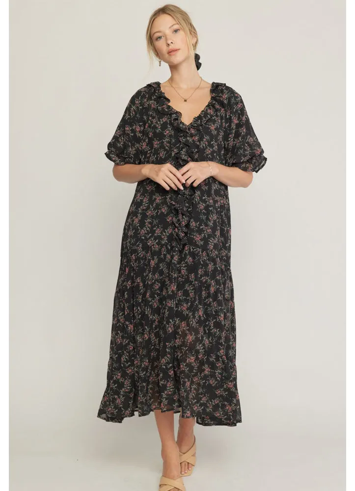 Ruffle Detail Floral Dress in Black by Entro