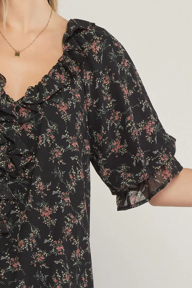 Ruffle Detail Floral Dress in Black by Entro