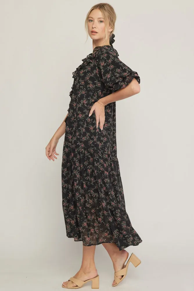 Ruffle Detail Floral Dress in Black by Entro