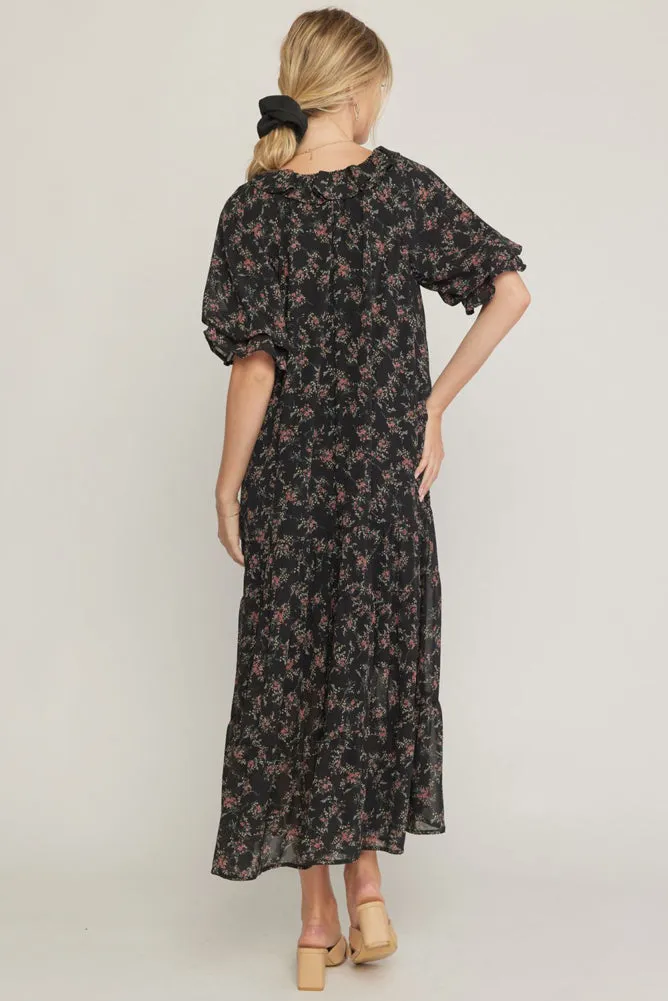 Ruffle Detail Floral Dress in Black by Entro
