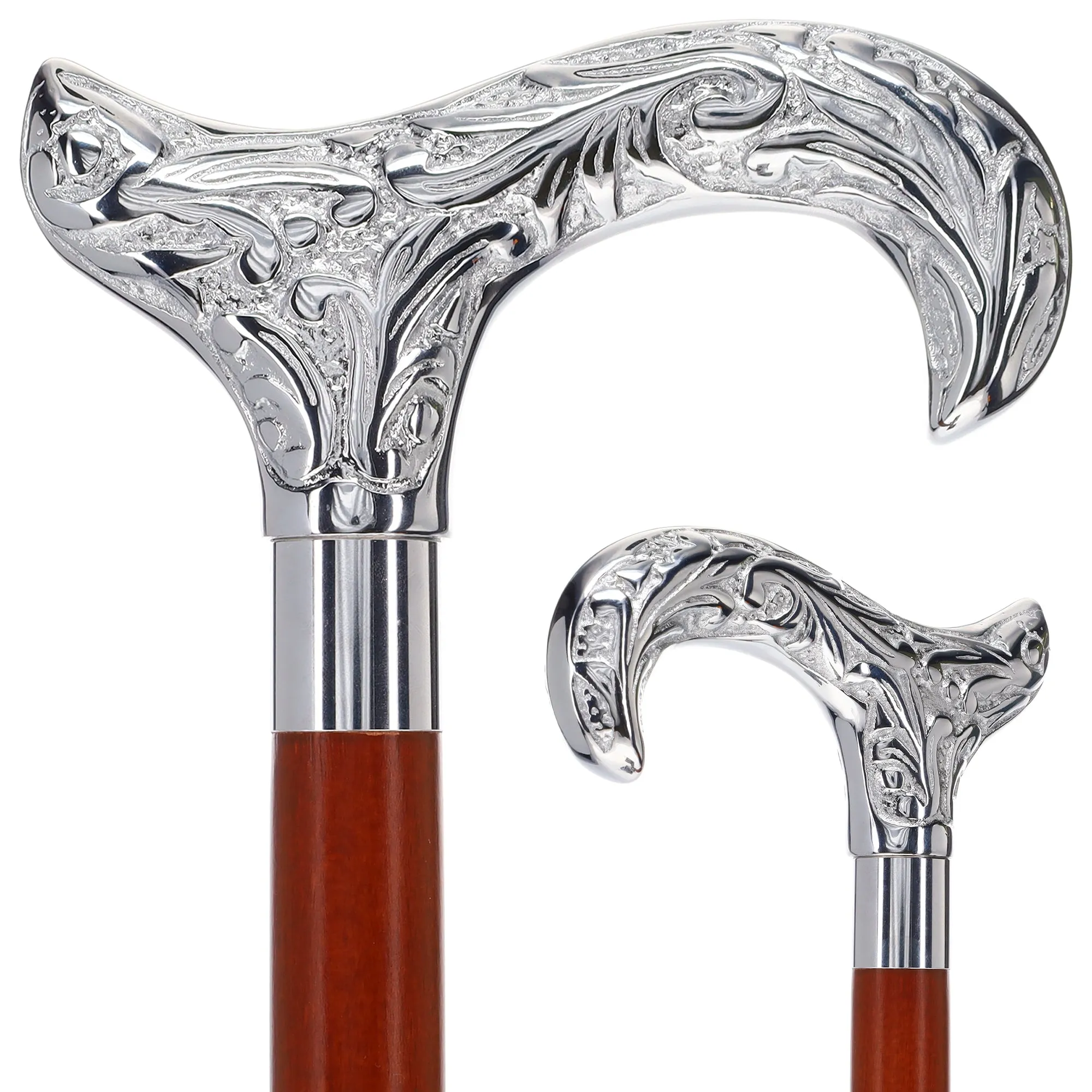 Scratch and Dent Chrome Plated Derby Handle Walking Cane w/ Black Beechwood Shaft and Aluminum Silver Collar V2064