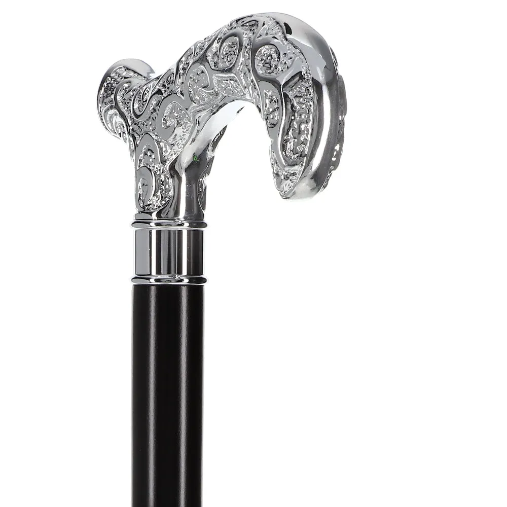 Scratch and Dent Extra Long Super Strong Silver Plated Scroll Derby Walking Cane - Black Beechwood - Silver Collar V1605