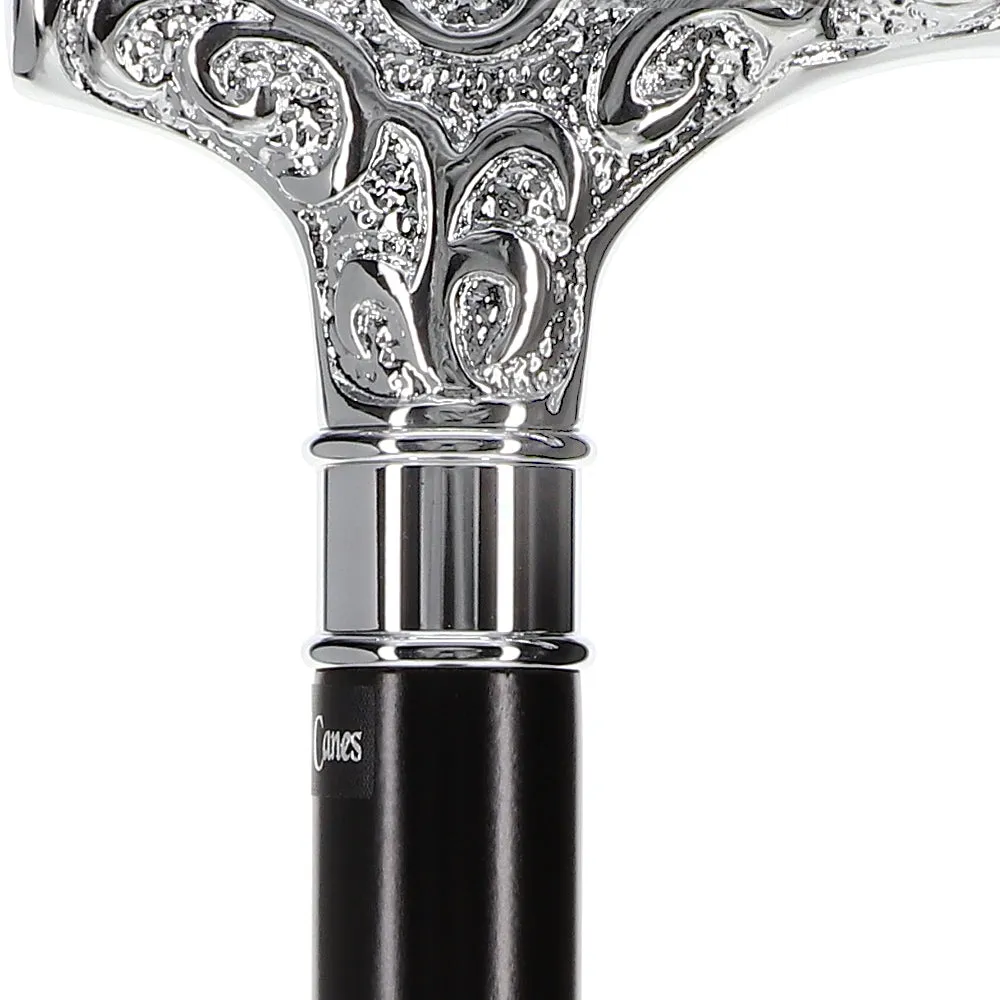 Scratch and Dent Extra Long Super Strong Silver Plated Scroll Derby Walking Cane - Black Beechwood - Silver Collar V1605