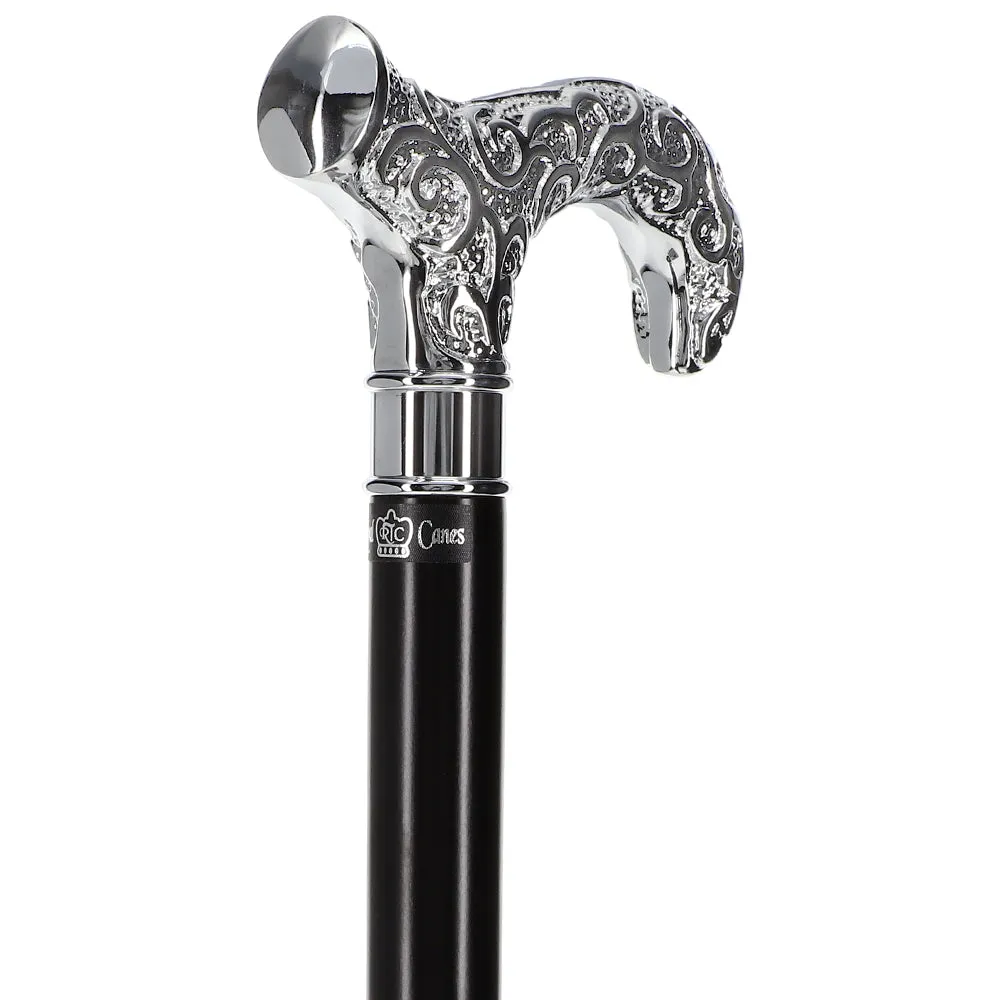 Scratch and Dent Extra Long Super Strong Silver Plated Scroll Derby Walking Cane - Black Beechwood - Silver Collar V1605