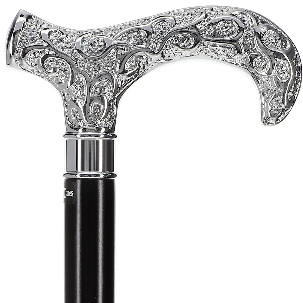 Scratch and Dent Extra Long Super Strong Silver Plated Scroll Derby Walking Cane - Black Beechwood - Silver Collar V1605