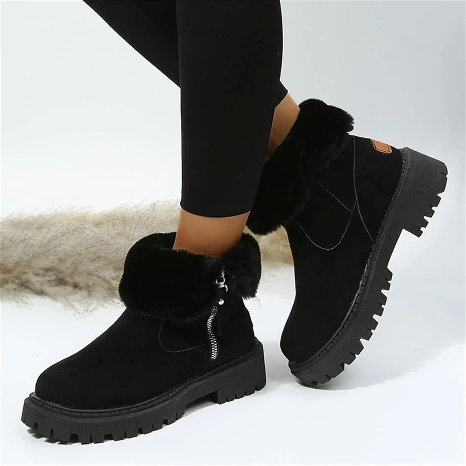 Snow Boots for Women Waterproof Winter Boots Anti-slip Fuzzy Fur Booties Cold Weather Lace Up Ankle Boots Thickening Winter Shoes Walking Hiking Booties