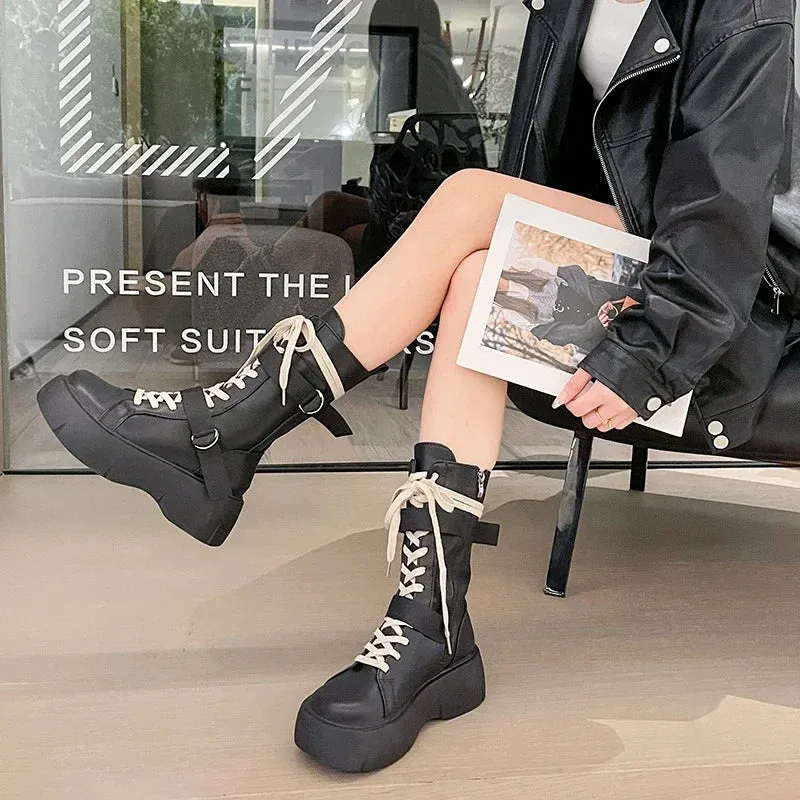 Sohiwoo Motorcycle Boots Women English Style Versatile Fashion Lace-up Short Boots Round Head Thick Bottom Black Pu Material Adult Q122