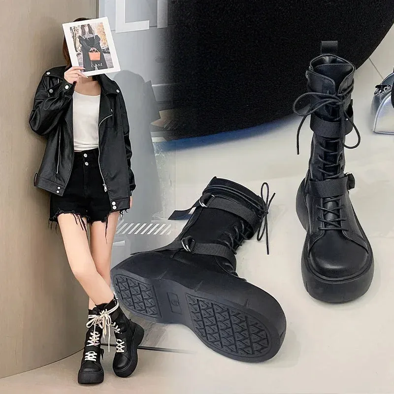 Sohiwoo Motorcycle Boots Women English Style Versatile Fashion Lace-up Short Boots Round Head Thick Bottom Black Pu Material Adult Q122