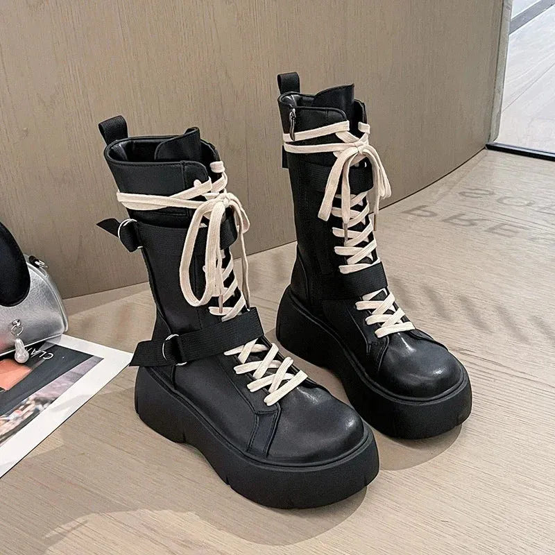 Sohiwoo Motorcycle Boots Women English Style Versatile Fashion Lace-up Short Boots Round Head Thick Bottom Black Pu Material Adult Q122