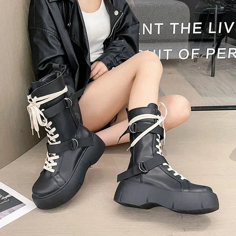 Sohiwoo Motorcycle Boots Women English Style Versatile Fashion Lace-up Short Boots Round Head Thick Bottom Black Pu Material Adult Q122