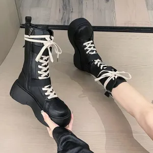 Sohiwoo Motorcycle Boots Women English Style Versatile Fashion Lace-up Short Boots Round Head Thick Bottom Black Pu Material Adult Q122