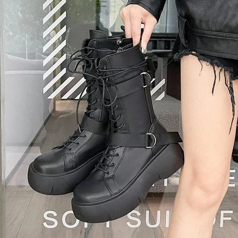 Sohiwoo Motorcycle Boots Women English Style Versatile Fashion Lace-up Short Boots Round Head Thick Bottom Black Pu Material Adult Q122