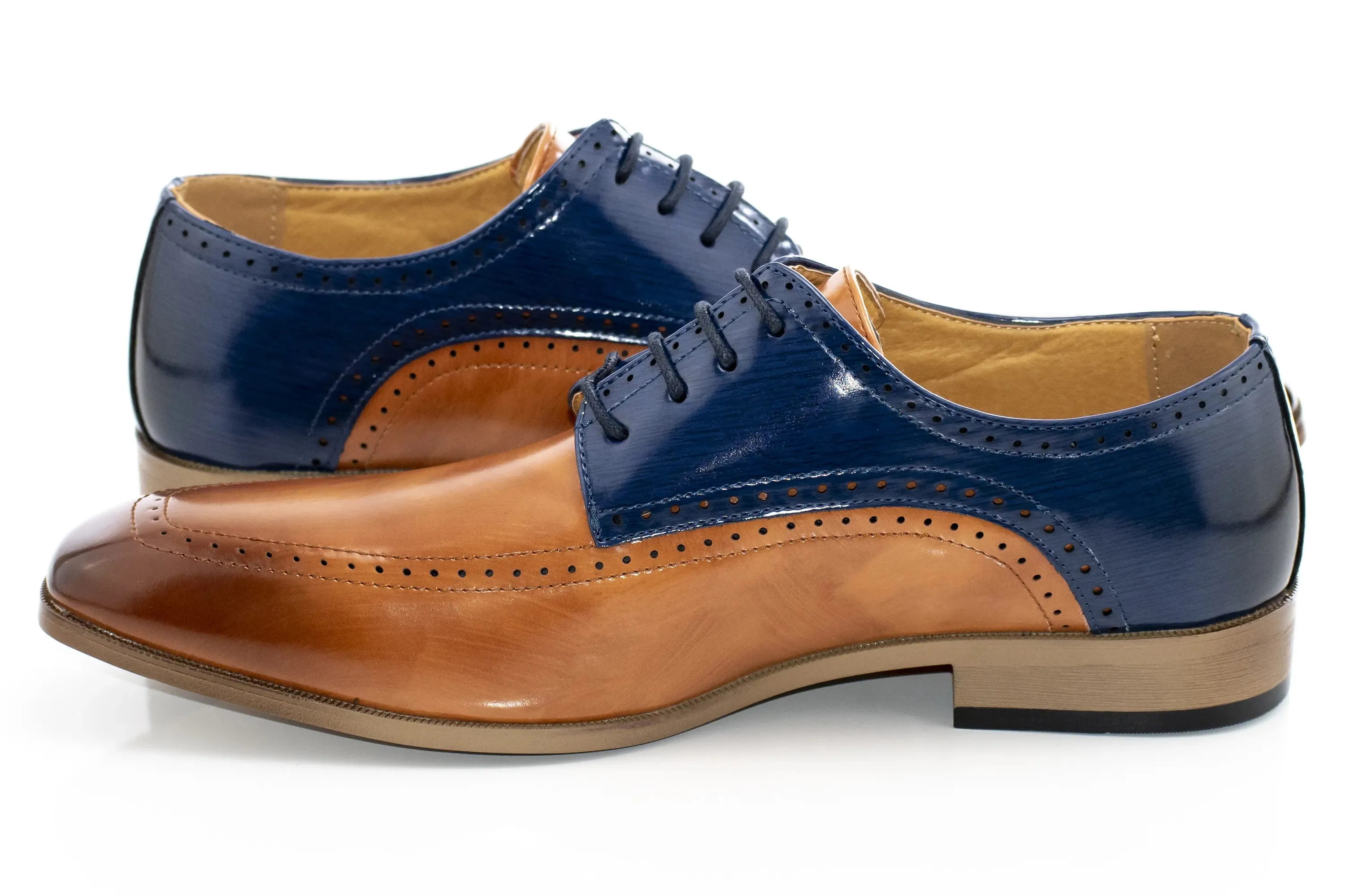 Tan and Royal Perforated Leather Derby Lace-Ups