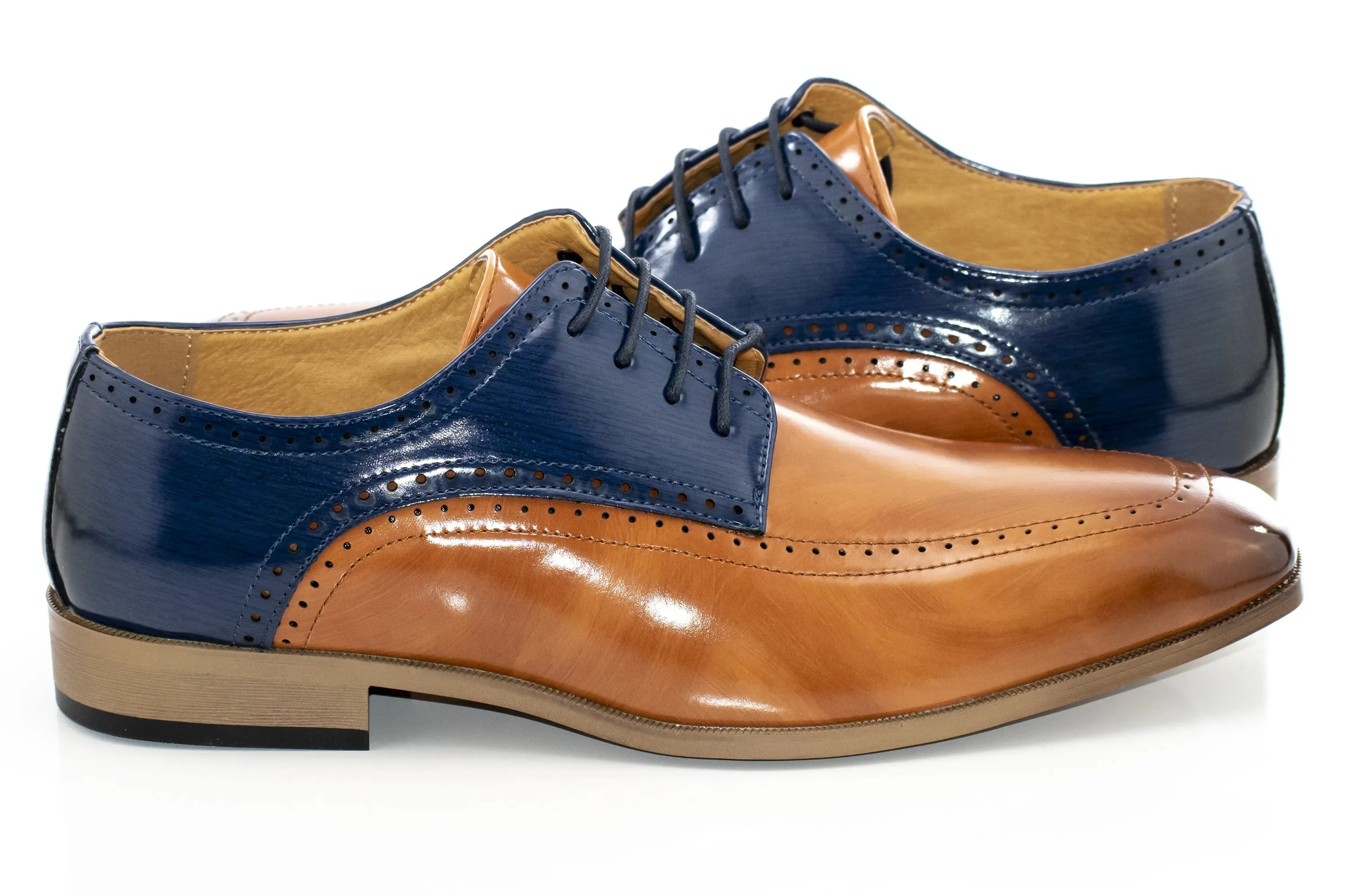 Tan and Royal Perforated Leather Derby Lace-Ups