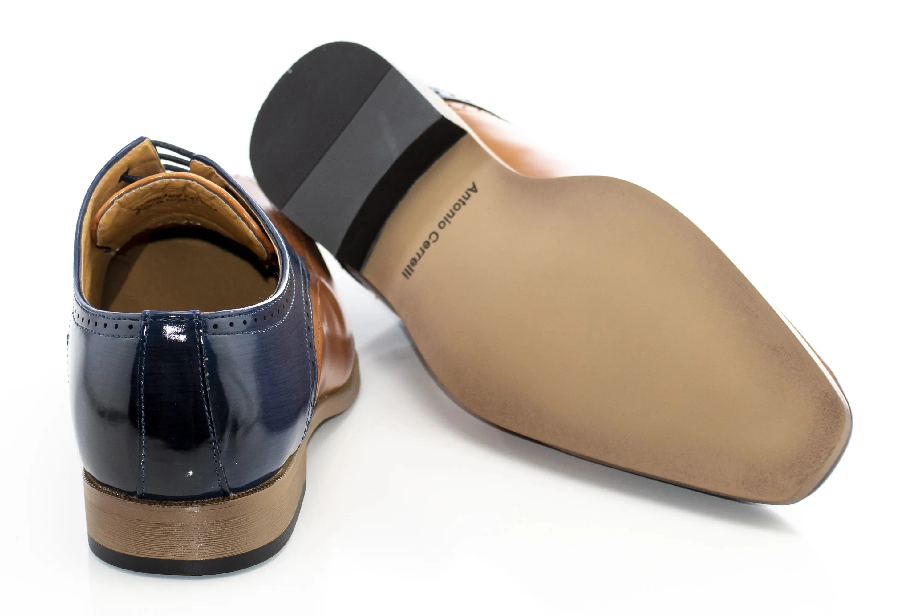 Tan and Royal Perforated Leather Derby Lace-Ups